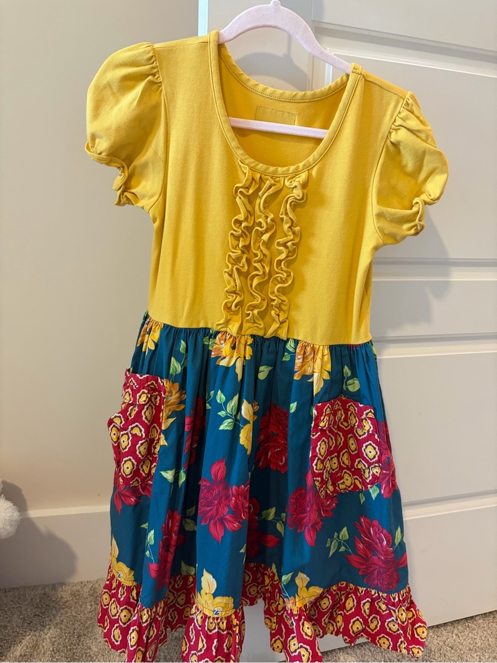 Eleanor Rose Yellow Ruffle Bodice Teal Floral Pocket Dress